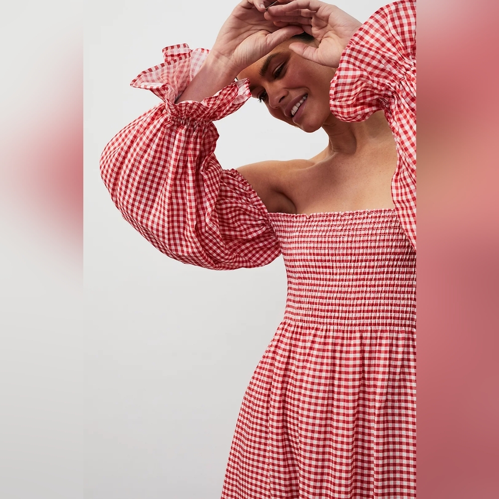 Sleeper 100% linen red gingham Atlanta dress with puff sleeves, small - Picture 6 of 16